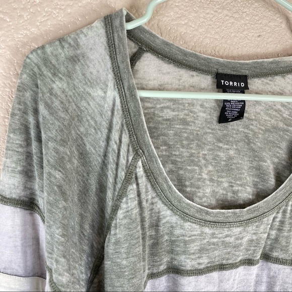 Torrid Green and Gray Striped Sleeve Burnout Tee 2 - Picture 2 of 8